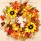 Artificial Autumn Wreath with Lights Maple Leaf Sunflower Wreath Pumpkins, Berries and Burlap Bow for Thanksgiving Home Indoor Outdoor Decoration